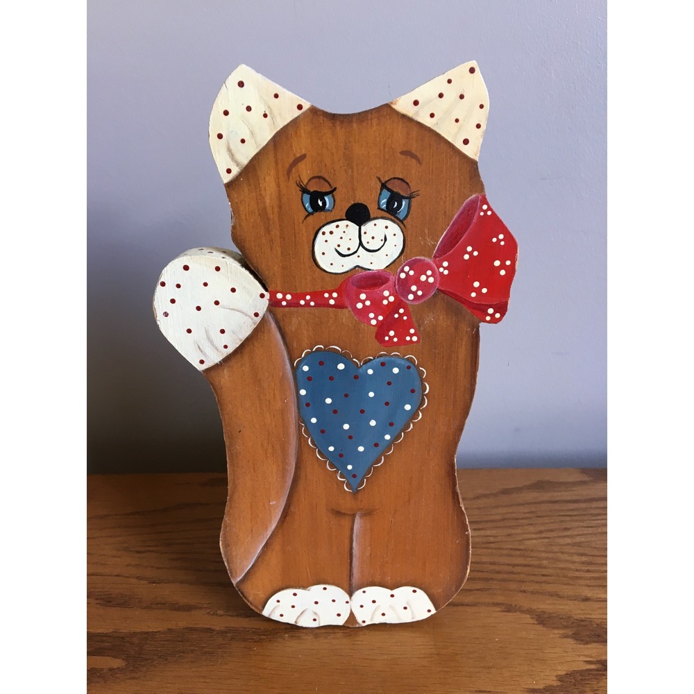 Handmade Wooden Cat Decor Storage Hand Painted Cottagecore Folk Art Country